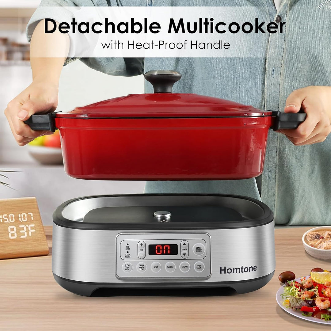 Homtone Slow Cooker Schongarer 6-in-1, 5,5L Multikocher Programmierbarer Abnehmbarer Emaille-Schmort