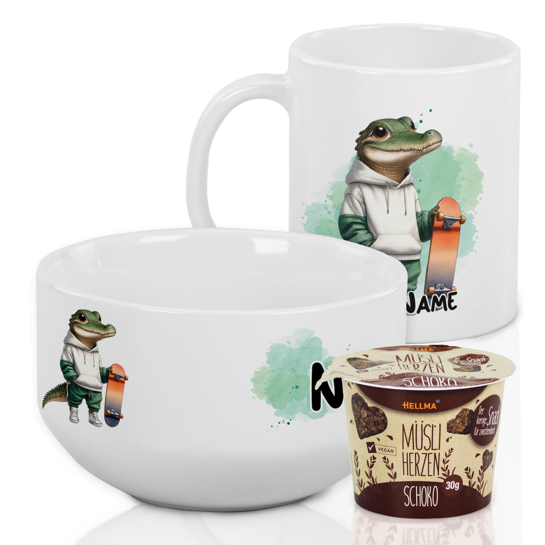 GRAZDesign Frühstücksset Müslischale Tasse Set für Jungs Skater Keramik inkl. Geschenkbox mit Müsli