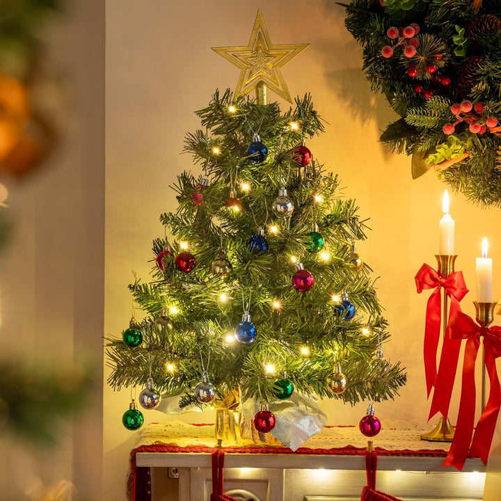 JOIEDOMI Kleiner Weihnachtsbaum mit Lichtern, 61 cm, Tisch-Weihnachtsbaum mit Sternen-Baumspitze und
