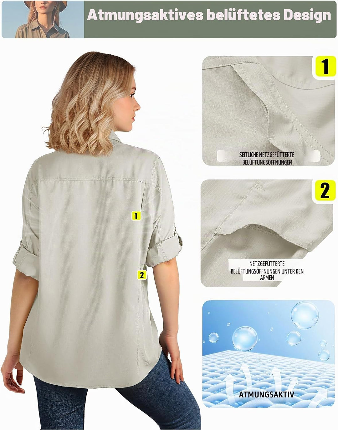 33,000ft Hemdbluse Damen UPF50 UV Schutz Hemd Schnelltrocknende Button-Down Shirts Atmungsaktive Wan
