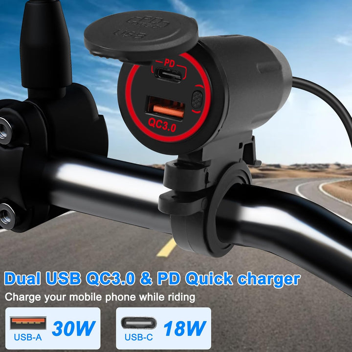 XMSJSIY Motorrad USB-Ladegerät USB-Typ C Schnellladebuchse QC 3.0 18W USB-30W Typ-C Schnellladeadapt