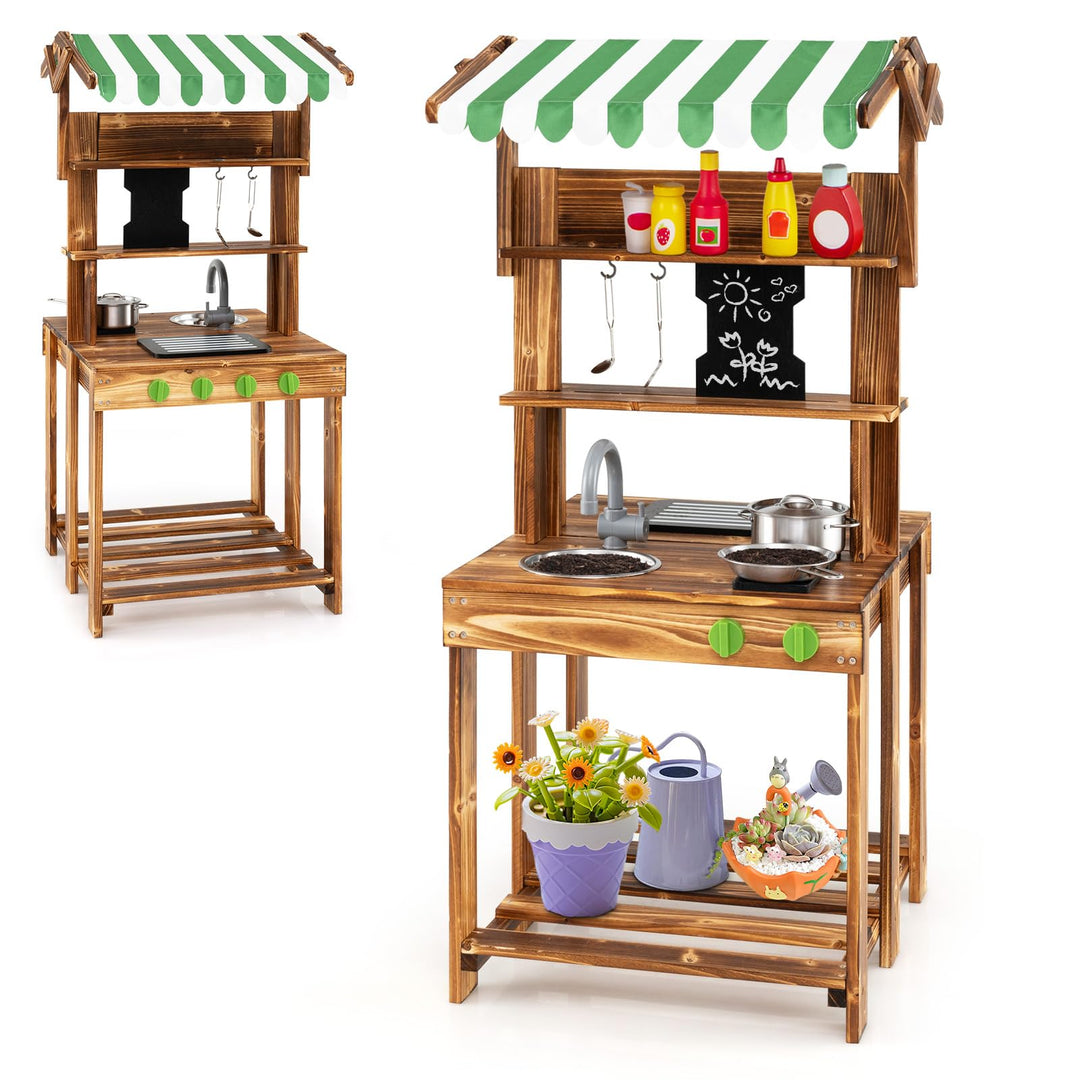 DREAMADE Matschküche Kinder Outdoor, Kinderküche mit Dach, Wasserhahn, Spüle, Tafel & Kindergrill, D