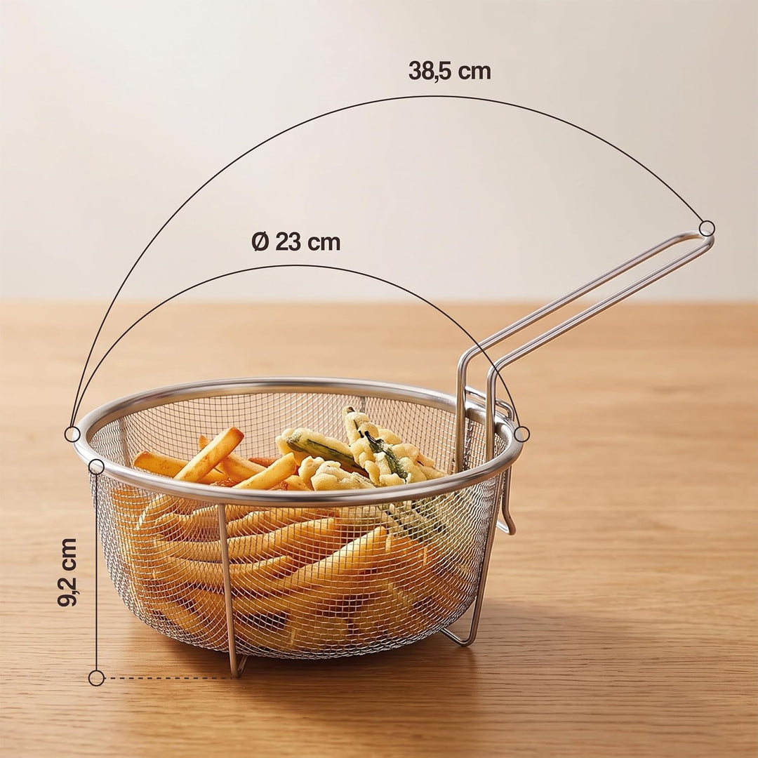 Frisierkorb mit Klappbarem Griff und Haken für die Pfanne - Runder Fritteusekorb - Edelstahl - 23 cm