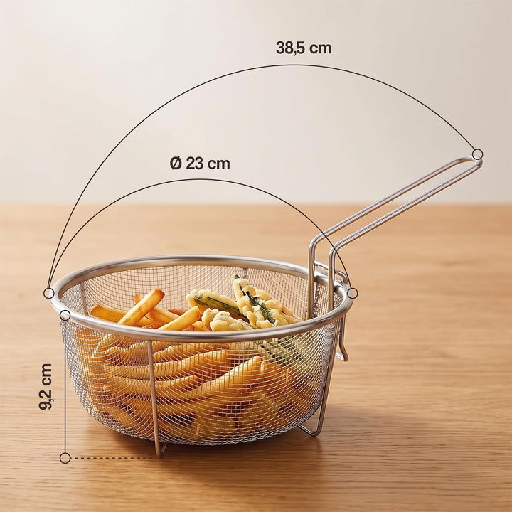 Frisierkorb mit Klappbarem Griff und Haken für die Pfanne - Runder Fritteusekorb - Edelstahl - 23 cm