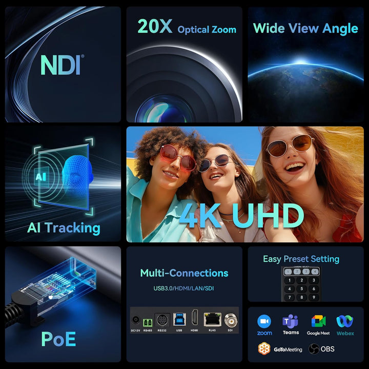 TONGVEO 4K NDI PTZ Kamera mit KI-Auto-Tracking 20-Fach optischem Zoom HDMI IP Live-Streaming SDI USB