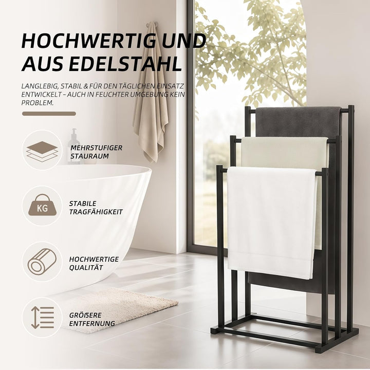 Handtuchhalter stehend schwarz – 3 Stufenstangen, Metall | stabil &amp; langlebig. Für Badezimmer, Gäste