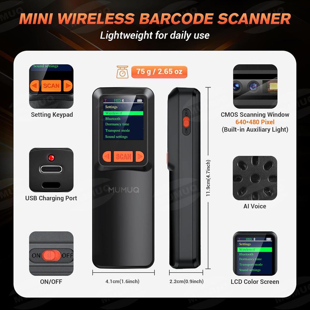 Barcode Scanner Kabelloser Mini 1D/2D QR Code Scanner mit LCD Display | 3-in-1 (BT/2.4G/USB) Konnekt