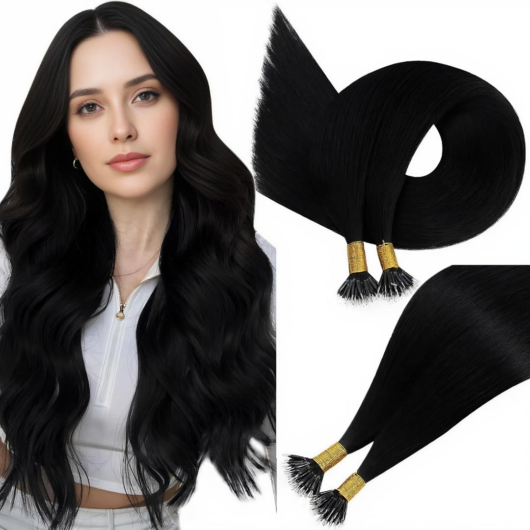 Easyouth Nano Bead Extensions Echthaar Farbe Pechschwarz 14 Zoll 50 Stück 50g Pre Bonded Haarverläng