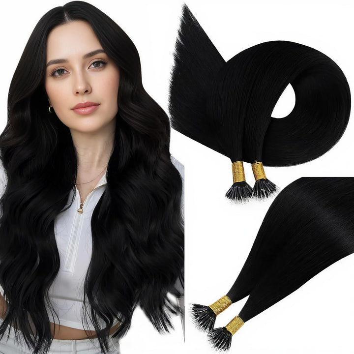Easyouth Nano Bead Extensions Echthaar Farbe Pechschwarz 14 Zoll 50 Stück 50g Pre Bonded Haarverläng