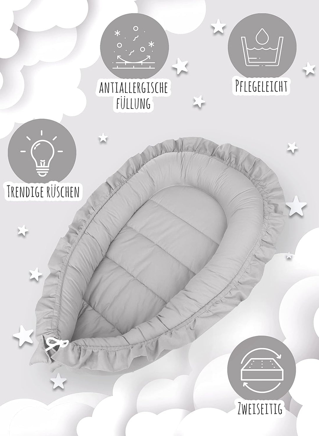 PIMKO Babynest mit rüschen Babynestchen für Baby Kuschelnest Babykokon für Säuglinge und Neugeborene