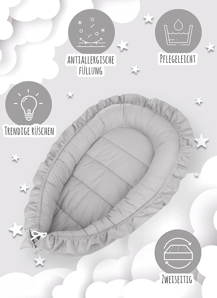 PIMKO Babynest mit rüschen Babynestchen für Baby Kuschelnest Babykokon für Säuglinge und Neugeborene