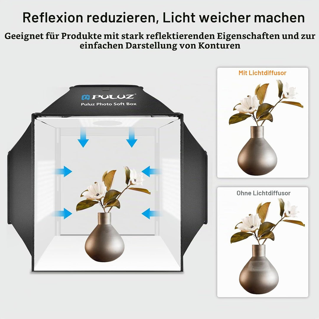 PULUZ 40 cm Fotobox Softbox 40x40cm Fotostudio Lichtzelt mit 5500K Beleuchtung &amp; 4 Farben Hintergrün