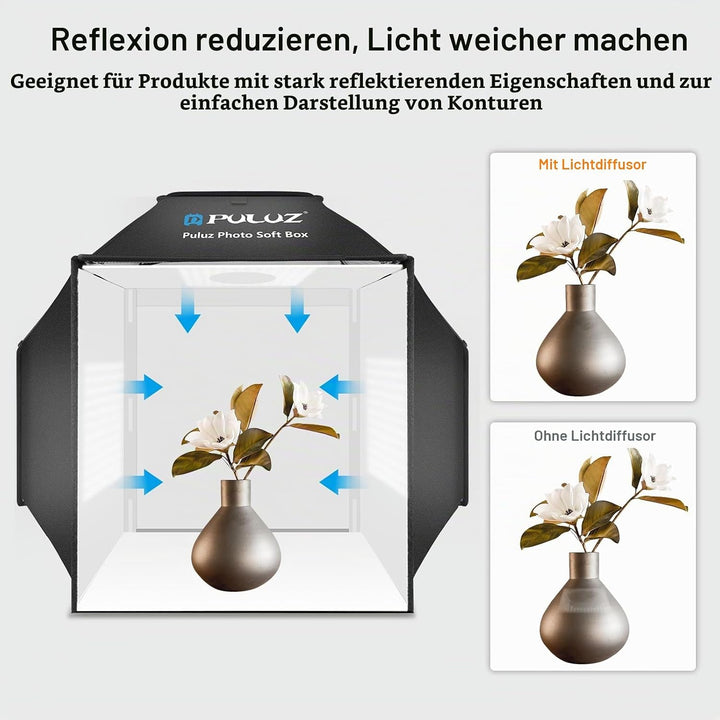 PULUZ 40 cm Fotobox Softbox 40x40cm Fotostudio Lichtzelt mit 5500K Beleuchtung &amp; 4 Farben Hintergrün