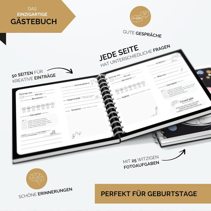 Gästebuch Geburtstag mit Fragen by snaPmee - Für 50 Einträge, jede Seite ist einzigartig - Edles Har