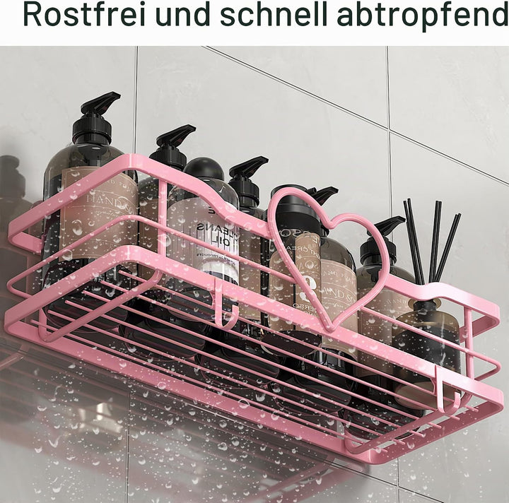 2 Stück Duschablage Ohne Bohren, Rosa Duschregal mit 4 Haken, Dusche Halterung Duschkorb zum kleben,