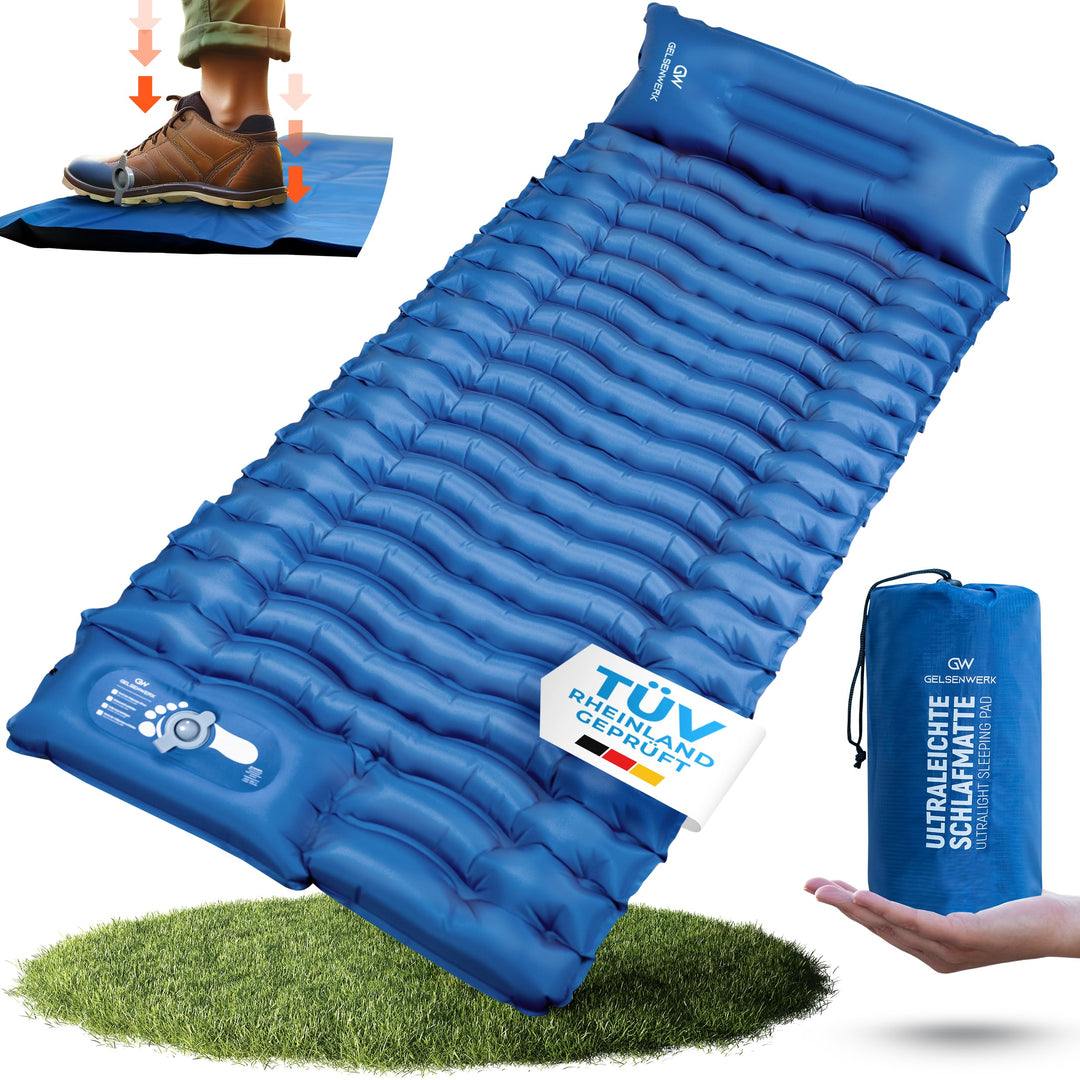 Isomatte Camping Ultraleicht 10cm & kleines Packmass - Camping Luftmatratze mit Fusspumpe & Kopfkiss