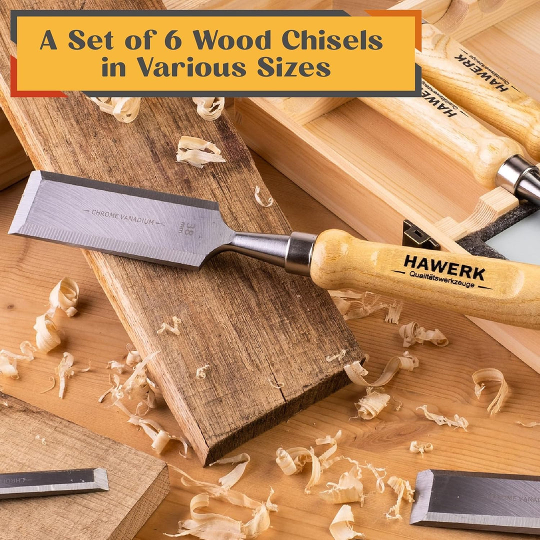 Hawerk Stemmeisen Stechbeitel Set für Holz | 6 Beitel + 2 Abziehsteine + Koffer von Hawerk - Stechei