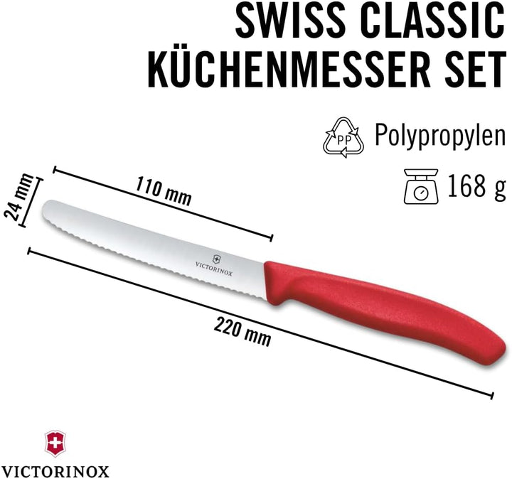 Victorinox Swiss Classic, Frühstücksmesser, Brötchenmesser Set 6teilig, Scharfe Klinge, Wellenschlif