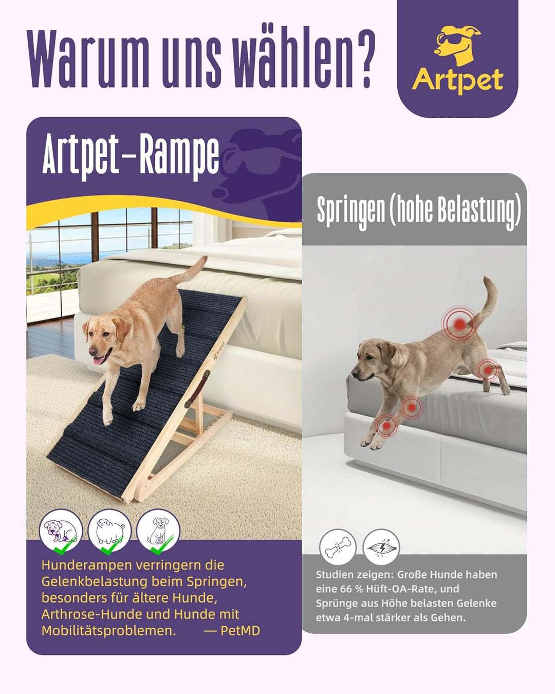 Hunderampe für Sofa Bett Klappbar Rampe für grosse Hunde Katzen Einstellbar 34-60 cm, bis zu 90 kg I