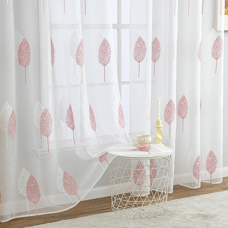 MIULEE Gardinen Transparent mit Rosa und Weiss Blätter Muster, Ösen Gardinen 260 cm Hoch, Modern Gar