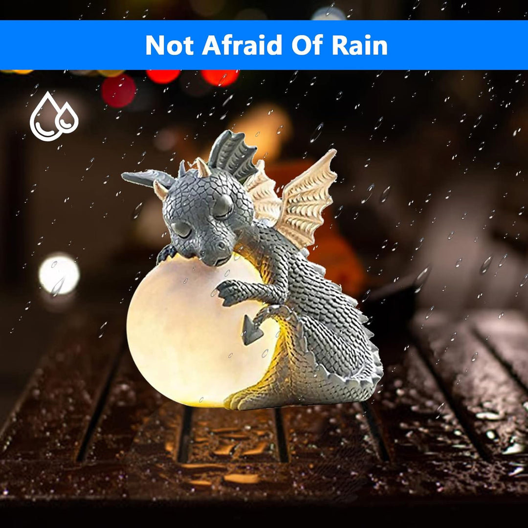 Dekofigur Drache mit Rundes Licht, Drachen Figuren Gartendeko für Draussen, Deko Drache Gartendrache