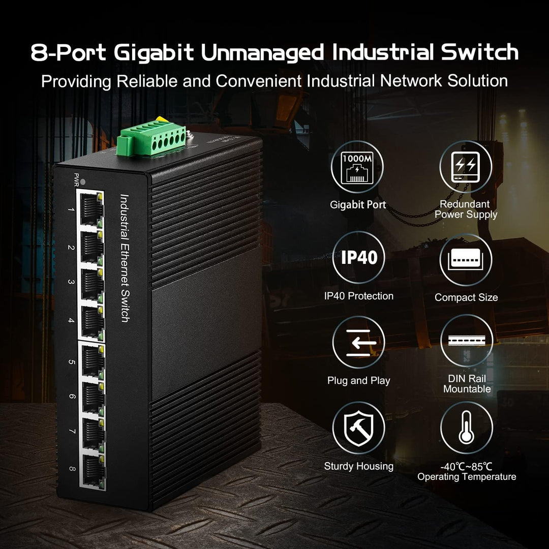 Binardat 8 Port Gigabit Din Rail Industrial Ethernet Switch, 8 Ports 10/100/1000Mbps, Fanless Wall M