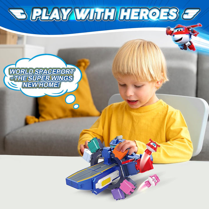 Super Wings 3-in-1 World Space Verwandelnder Roboter mit den Mini Figuren Jett und Dizzy, Verwandlun