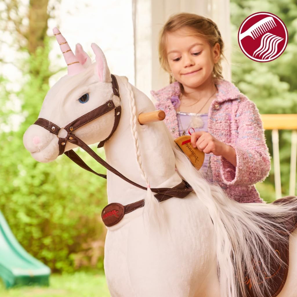 PONNIE Einhorn mit Rollen M (5-12 Jahre), Unicorn zum Reiten mit Abnehmbarer Braun Sattel und Halfte