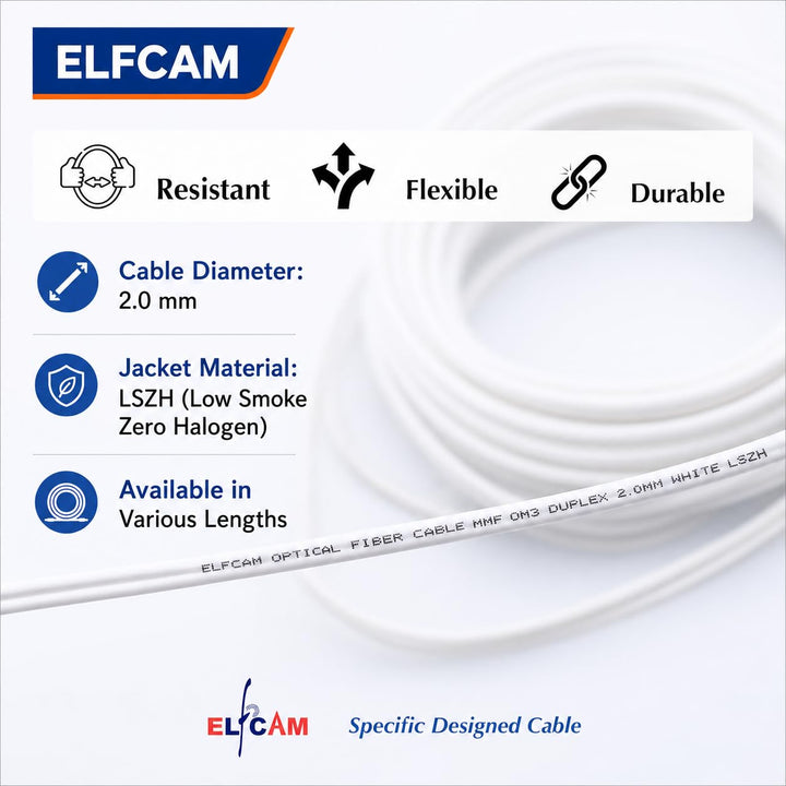 Elfcam® - LWL Glasfaser-Kabel LC/UPC auf LC/UPC 50/125um OM3 Multimode Duplex LSZH, Farbe Weiss, 100