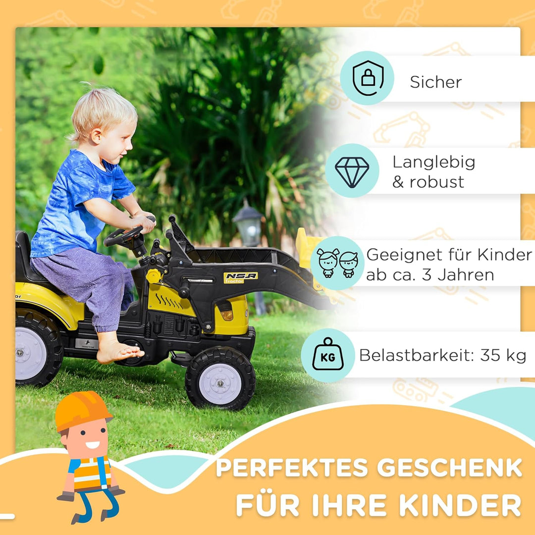 HOMCOM Trettraktor mit Ablagefach Schaufel Lader Traktor Tretfahrzeug für 3-jährige Kinder Gelb+Schw