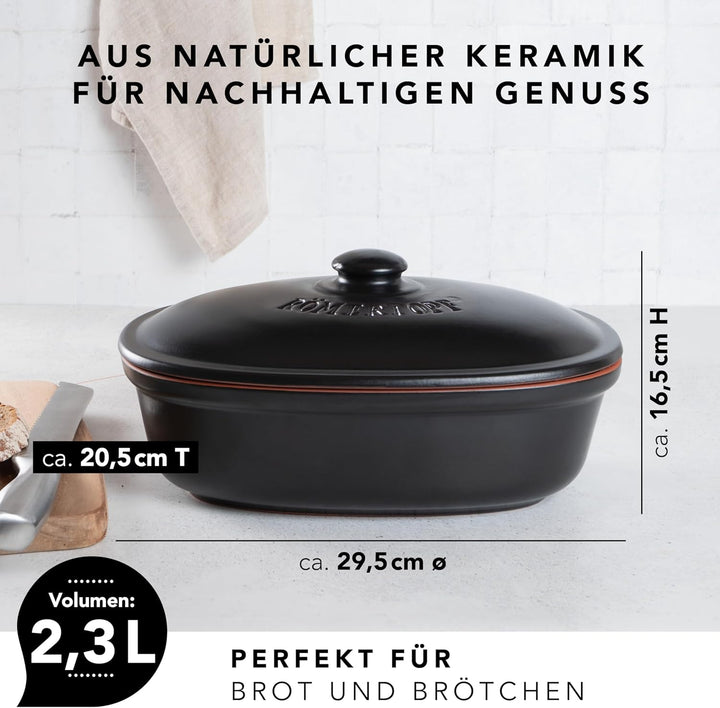 Römertopf Brottopf oval MEDI 2,3 Liter - Brotkasten Schwarz aus Keramik - Atmungsaktiver Tontopf für