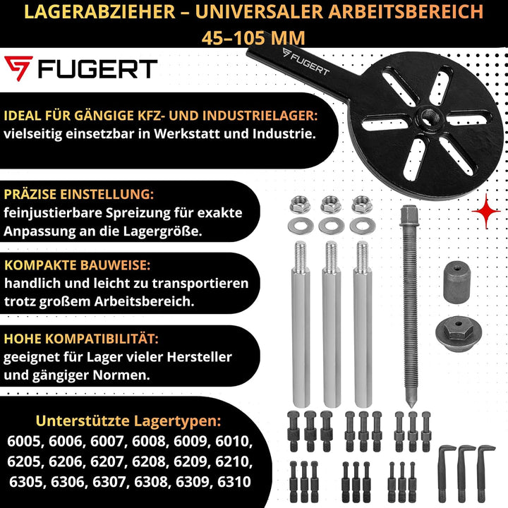 Innenlager Abzieher | Lagerabzieher Set 45–105 mm | Dreibein Kugellager Abzieher aus gehärtetem Stah