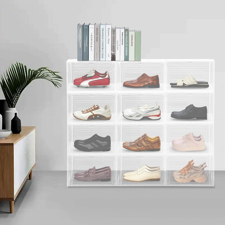 Schuhboxen Stapelbar Transparent 12er Set Schuhbox Hartplastik Schuhkarton mit Deckel Faltbar und St