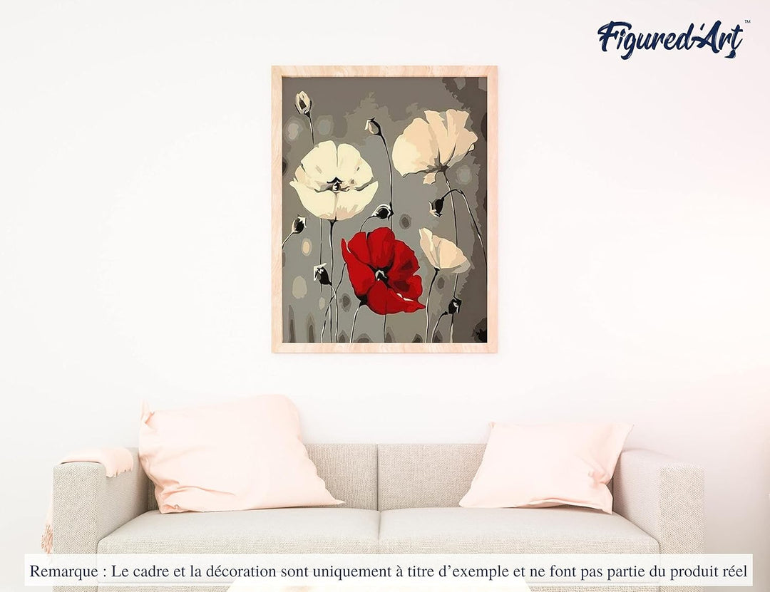 Figured'Art Malen Nach Zahlen Erwachsene Mit Rahmen Rote und weisse Blumen - Paint by Numbers Bastel