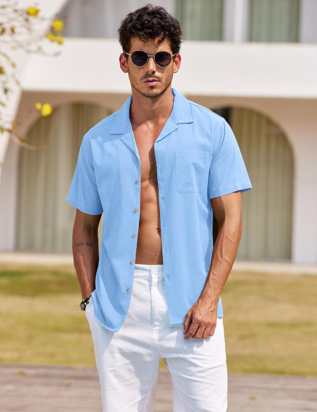 COOFANDY Hawaii Hemd Männer Kurzarm Sommer Fronttasche Hawaii-Print Freizeit Funky Baumwolle Hawaiih