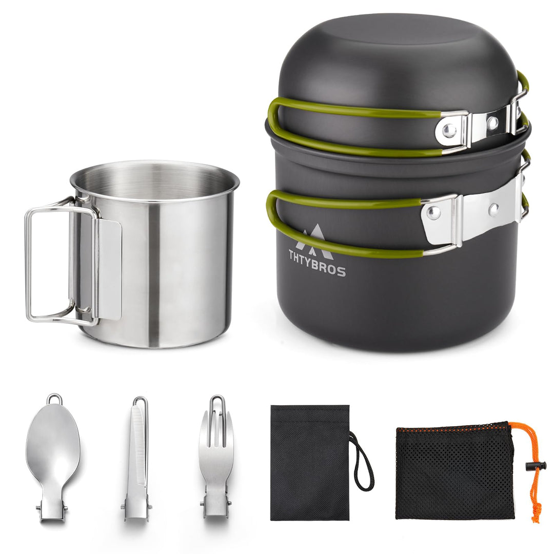 Outdoor Kochgeschirr Set Camping – 1,25L Topf & 0,65L Pfanne mit 0,3L Edelstahlbecher – Leichtes, Ro