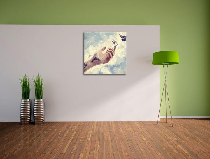 Pixxprint Vögel fliegen in die Freiheit Pinsel Effekt, Format: 70x70 auf Leinwand, 70x70