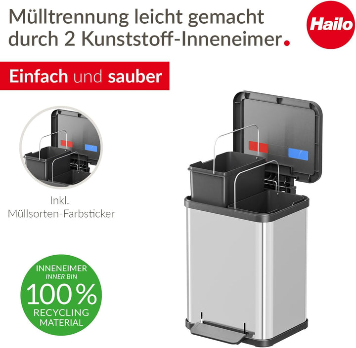 Hailo Öko duo Plus M Tret-Mülltrenner - freistehender 2 x 9 Liter Doppelmülleimer aus Edelstahl - Mü