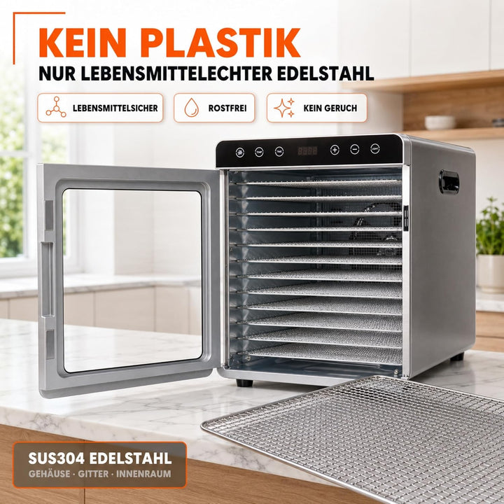 Sommertal Dörrautomat Silence 800 | 12 Edelstahl-Einschübe 800 Watt leise | 24h Timer, 30-85°C, Dehy
