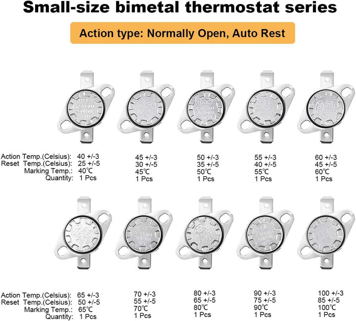 sourcing map 20 Stück Thermo Steuerschalter Sortiment NC + NO KSD301 Thermostat 40-135°C (NC) 40-100