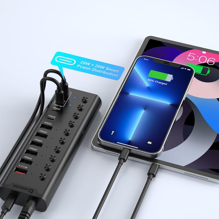 Aktiver USB-Hub, 10-Port USB-C-Hub mit 5X USB-A 3.2 und 2X USB-C 3.2, BC1.2 & 2X PD 45W Ladeports, E