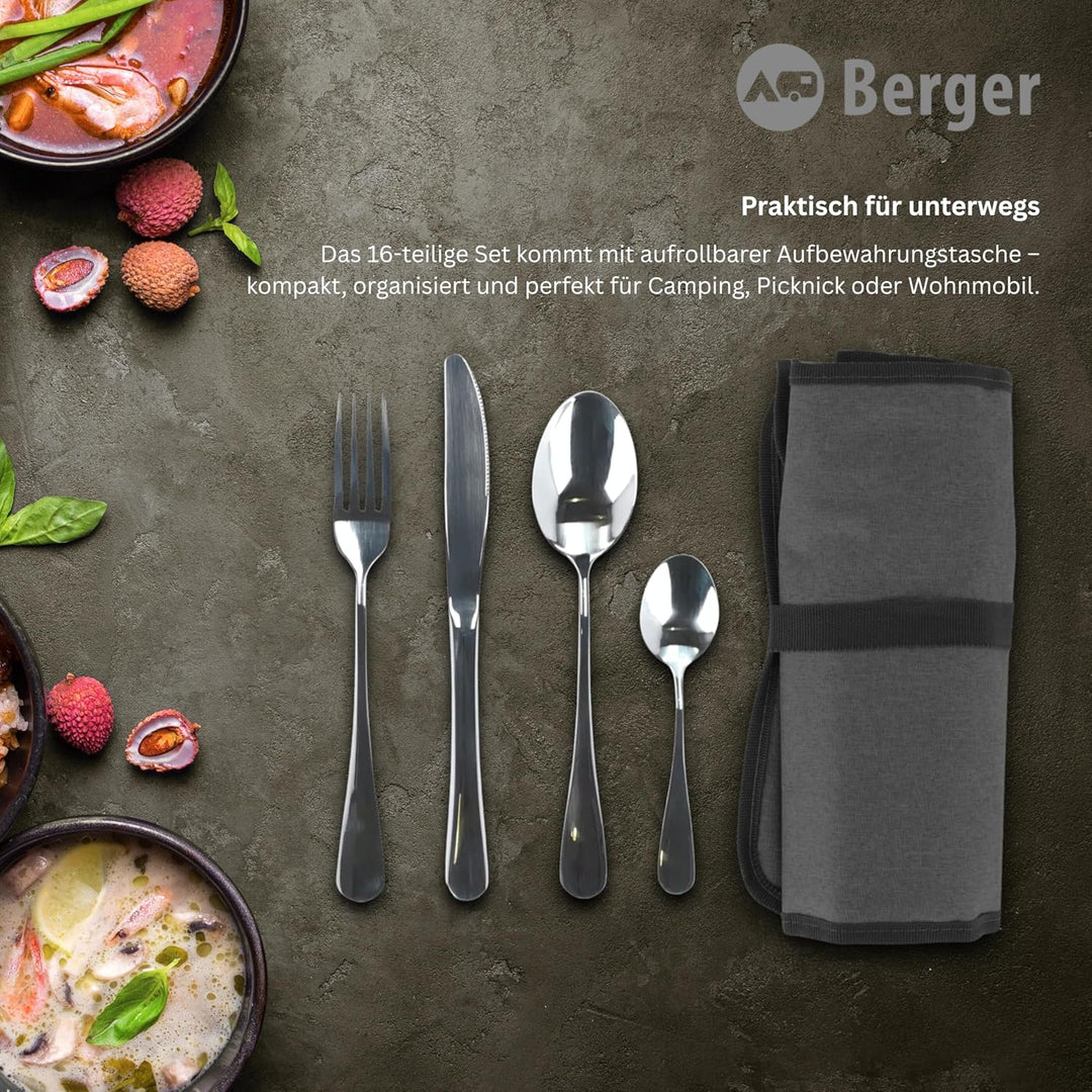 BERGER Besteck-Set Edelstahl 16-tlg. | Campingbesteck für 4 Personen | Inkl. Aufbewahrungstasche | H