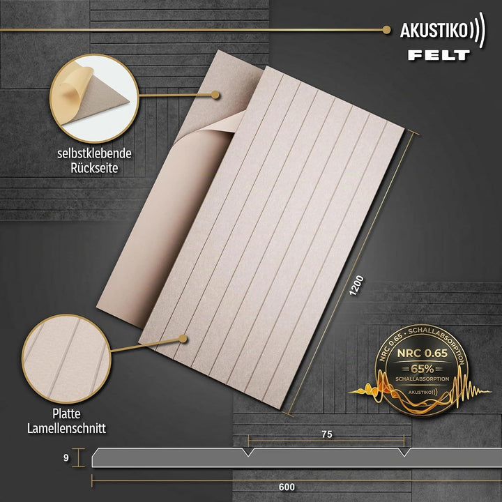 AKUSTIKO Schallschutzplatten selbstklebend 4er Set 120x60cm - Akustikpaneele aus Filz Schalldämmung