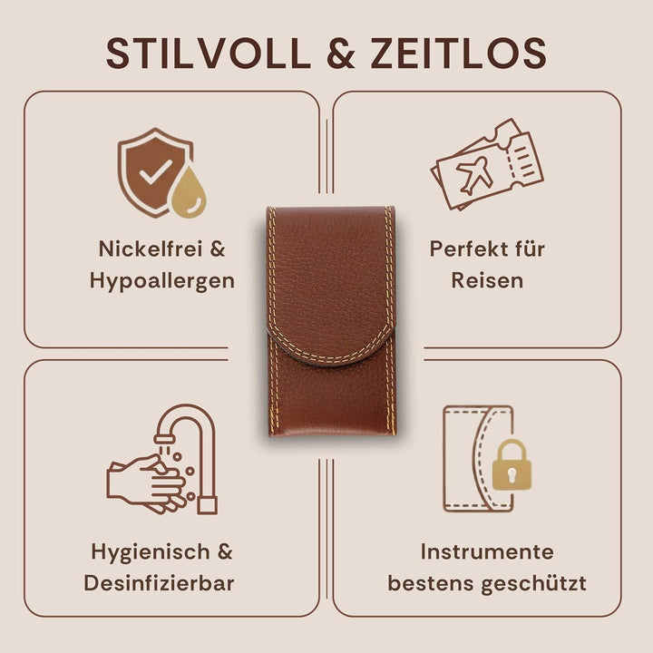nippes Solingen Classic Premium-Maniküre Set, 3-teilig, Echtes Rindsleder-Nageletui, braun, Edelstah