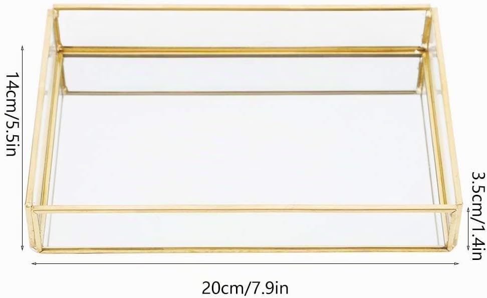 Retro Spiegeltablett, Dekotablett Gold Glastablett Tablett Vintage Metall Glas Aufbewahrungsbox Kosm