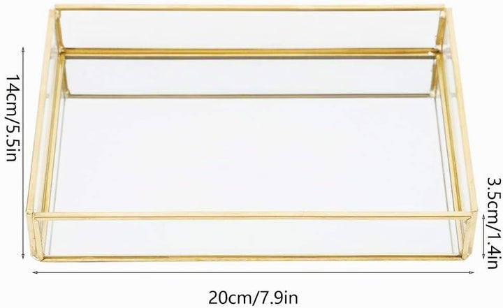 Retro Spiegeltablett, Dekotablett Gold Glastablett Tablett Vintage Metall Glas Aufbewahrungsbox Kosm