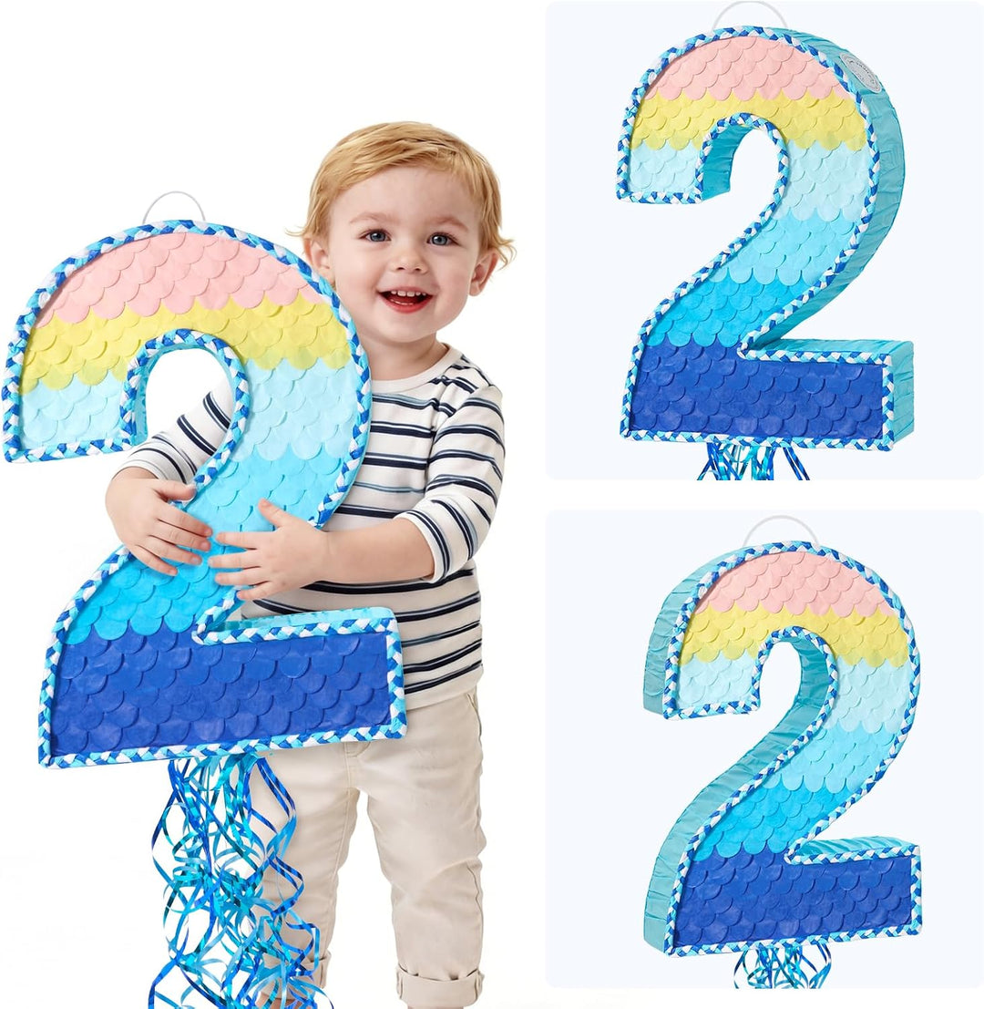 WERNNSAI Nummer 2 Piñata Set - Blaue Deko mit Augenbinde & Schläger | Aus robuster Wellpappe; ideale