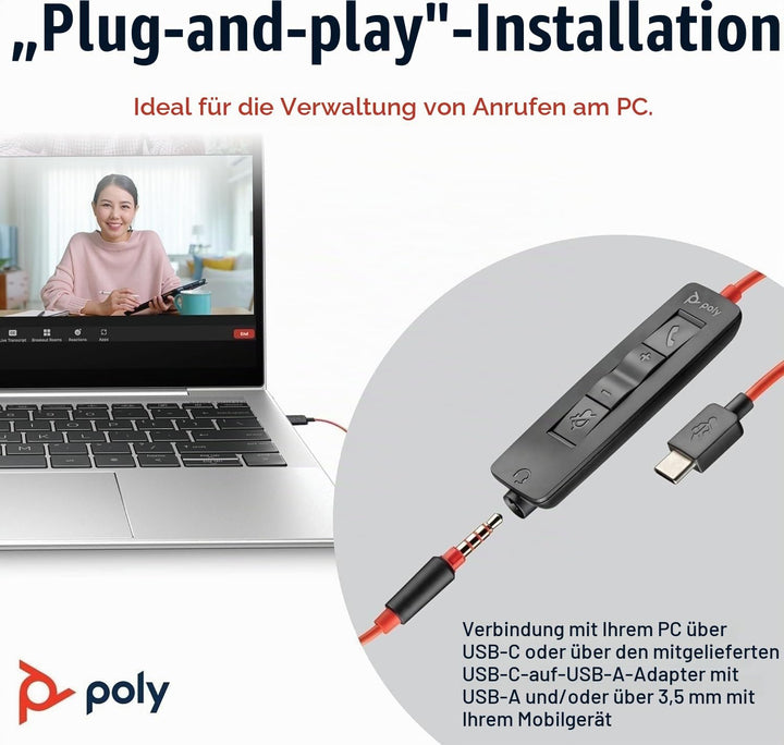 Schnurgebundenes Headset Poly Blackwire 3325 – Flexibler Mikrofonarm – Hi-Fi-Stereo – Verbindung mit
