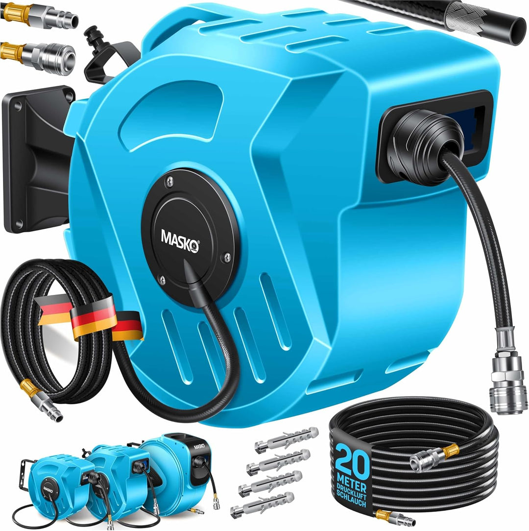MASKO® Automatik Druckluftschlauch Aufroller 20m – Schlauchtrommel mit 1/4" Anschluss, Schlauchaufro