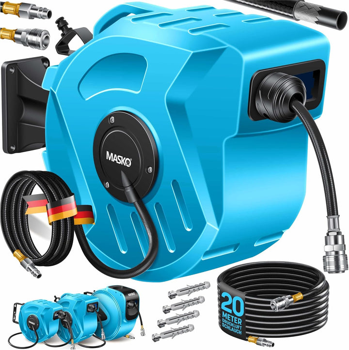 MASKO® Automatik Druckluftschlauch Aufroller 20m – Schlauchtrommel mit 1/4" Anschluss, Schlauchaufro